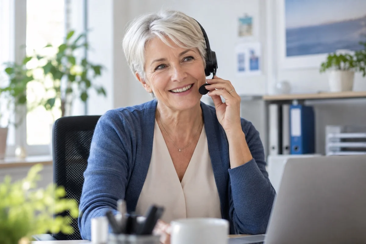 Una consulente risponde al telefono in ufficio