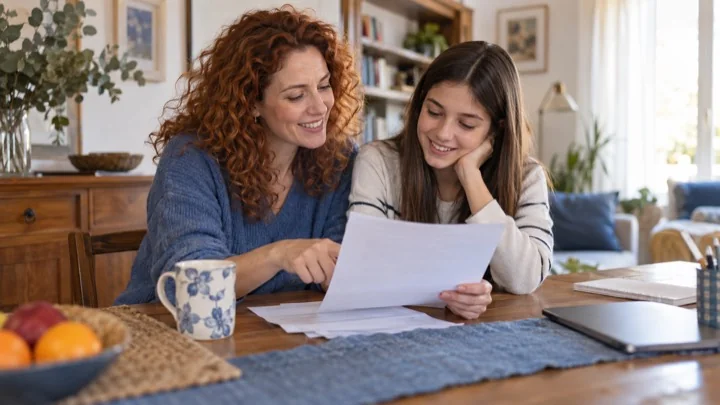 Una madre e sua figlia consultano un modulo a casa