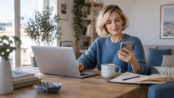 Una donna usa computer e telefono per una prenotazione