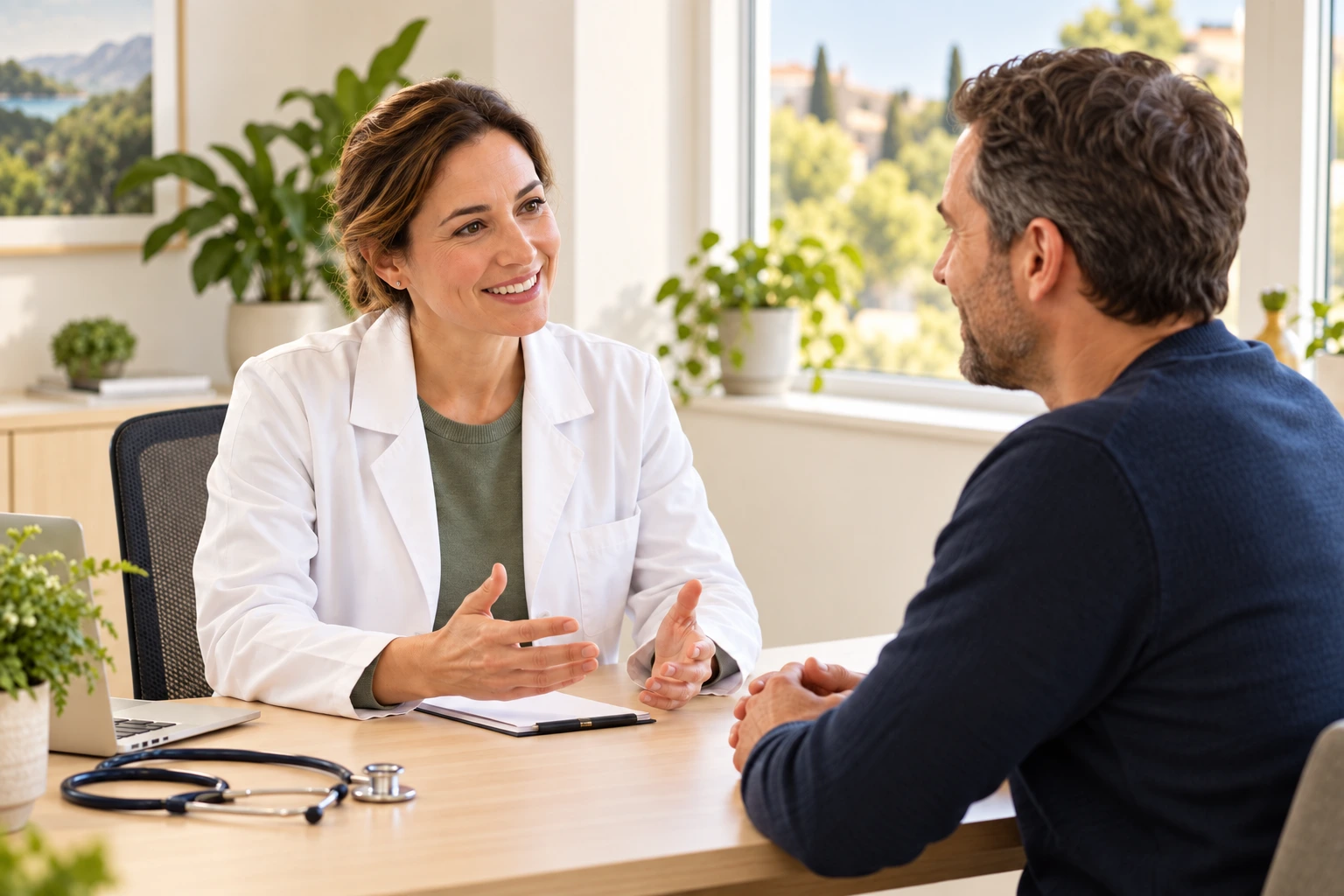 Colloquio tra una professionista sanitaria e un adulto in un ambulatorio luminoso