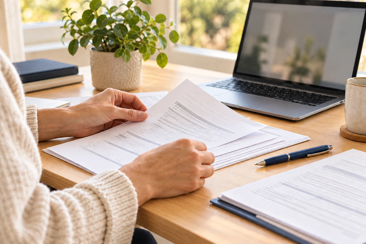Mani che consultano dei moduli su una scrivania accanto a un computer