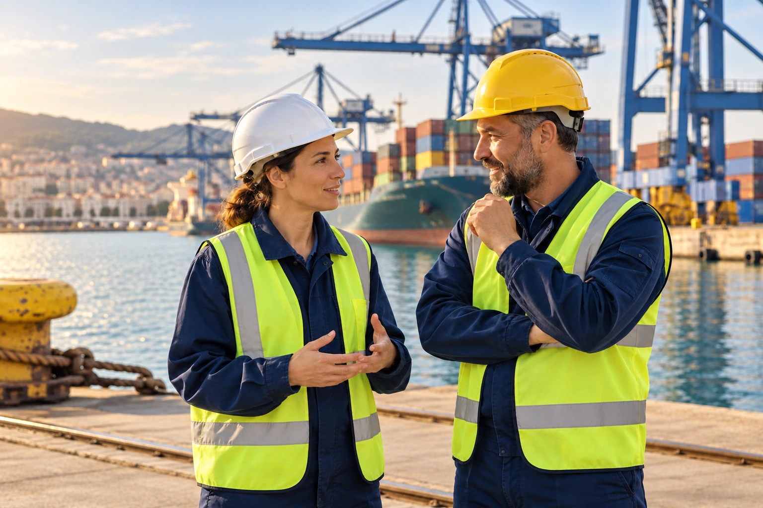 Due lavoratori con casco e giubbotto ad alta visibilità in un terminal portuale