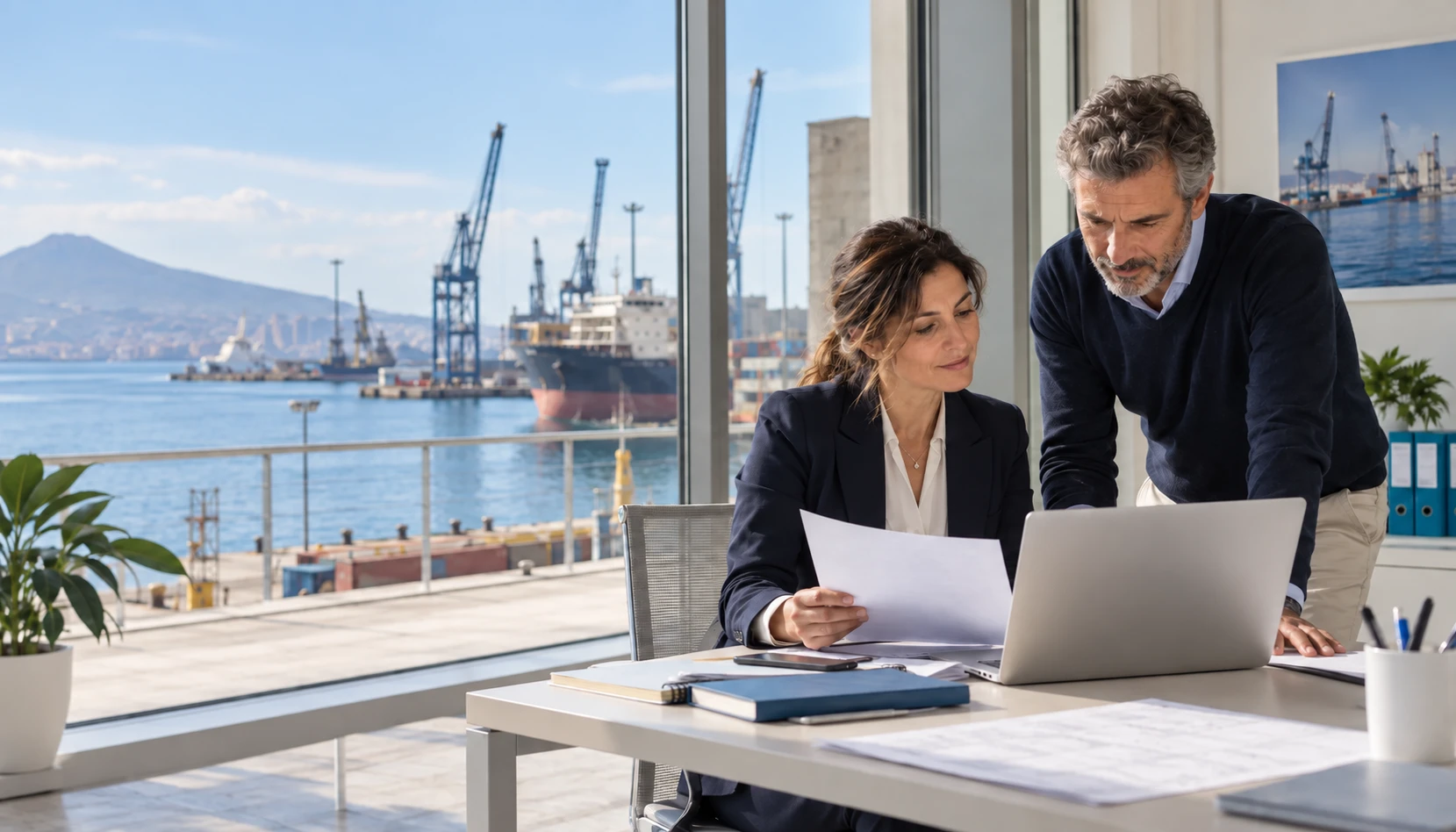 Due professionisti consultano un documento in un ufficio affacciato sul porto.