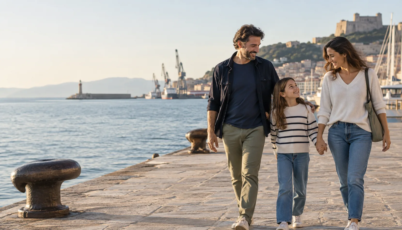 Una famiglia passeggia insieme sul lungomare, vicino al porto.