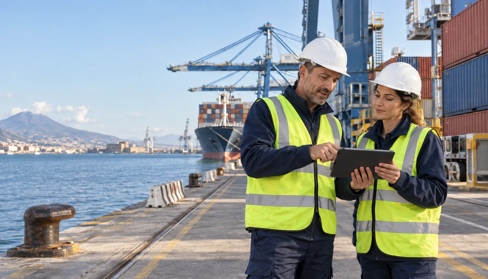 Due lavoratori con casco e giubbotto ad alta visibilità consultano un tablet nel porto.